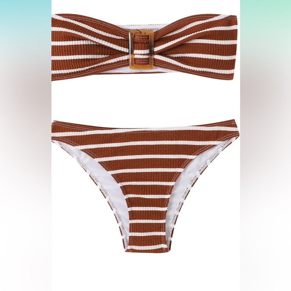 GORGLITTER Women's 2 Piece Strapless Striped Bandeau High Waisted Thong Bikini S